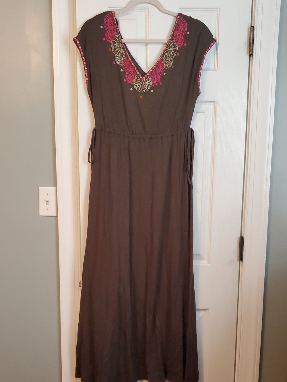 Boden Brown Maxi Dress with Pink Embroidered V-Neckline
